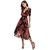 Kormei Womens Short Sleeve Floral High Low V-Neck Flowy Party Long Maxi Dress L Black&Red