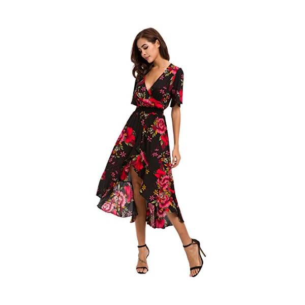 Kormei Womens Short Sleeve Floral High Low V-Neck Flowy Party Long Maxi Dress L Black&Red