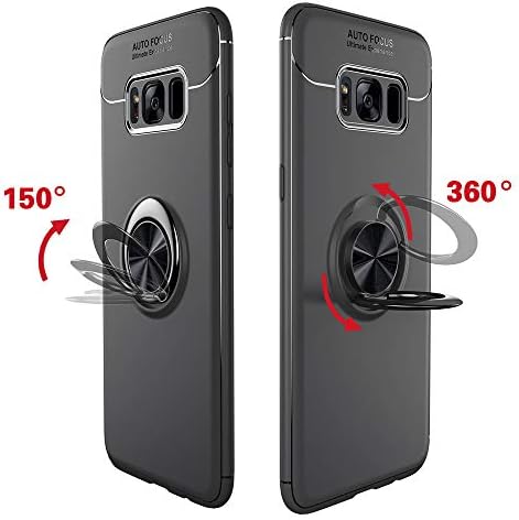 Phone Case for Samsung Galaxy S8 Plus with Tempered Glass Screen Protector Cover Magnetic Stand Ring Holder Accessories Slim Shockproof Silicone Glaxay S8+ S 8 8plus S8plus 8S Edge GS8 Girls Men Black