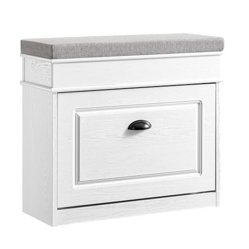 SoBuy Zapatero Entrada Recibidor con Cajón – Banco Zapatero con Asiento y Almacenaje Compacto – Puff para Recibidor, Dormitorio o Salón, Efecto Madera Envejecida Blanca 61x24x54cm FSR82-K-WG