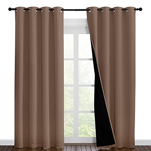 NICETOWN Warm Curtains for Winter, 100% Blackout Curtains Thermal, Noise Reduction and Privacy Curtains for Patio Door, Black Lined Blackout Drapes wi