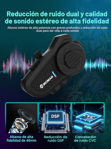 Miniatura 5 de Moman Intercomunicador Casco Moto, H2Pro 2 Vías Intercomunicador Universal 1000M DSP＆CVC Reducción de Ruido Manos Libres Moto Auriculares/Impermeable/Compartir Música/AI Voz (2 Pieza,Negro)