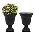 Worth Garden 2-Pack Plastic Urn Planters for Outdoor Plants, 22'' Black Tall Round Classic Resin Traditional Flower Pots - 15 in. Dia. Large Imitation Stone Decorative Pot Patio Deck Front Porch