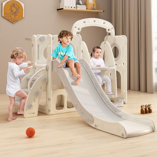 BanaSuper 5-in-1 Kinder Rutsche und Schaukel Spielset mit Basketballkorb, Kleinkind-Schaukel-Set mit Aufbewahrungsbox, Kinderspielplatz Activity Center, Indoor und Outdoor freistehende Rutsche