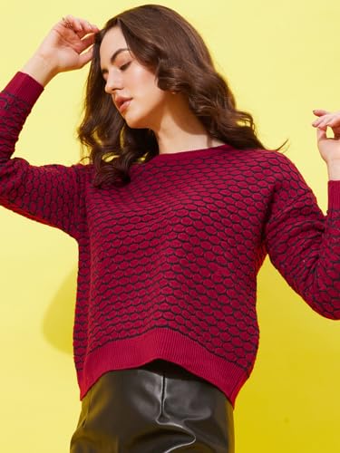 Image of Modeve Self Design Round Neck Casual Women Crop Top Sweater||Winterwear||