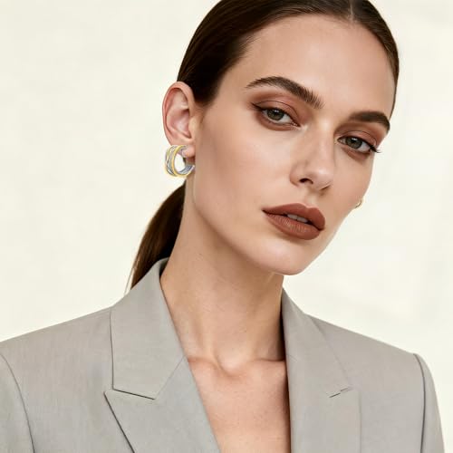 Image of Gold and Silver Mixed Metal Clip-On Earrings Two Tone Clip-On Earrings Chunky Twist Open Hoops Earring Fashion Jewelry