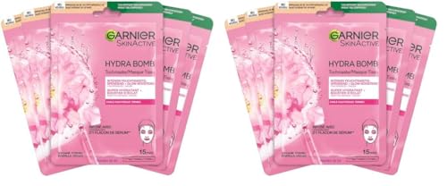 Garnier Tuchmaskenset Sakura fürs Gesicht bei fahler Haut, Feuchtigkeit und Glow, Mit Hyaluronsäure und Sakura, SkinActive, Hydra Bomb Sakura, 5x 28g (Packung mit 2)