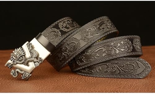 Designer Belts for Men, Genuine Leather Ratchet Dress Belt with Retro 3D Dragon Sliding Automatic Buckle4