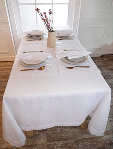 D'moksha Tablecloth White 60 X 144 Inch For Rectangle Table, Pure Linen Hemstitch Tablecloth 144 Inches Long For Summer, Wedding, Party, Outdoor, Machine Washable #TOP7