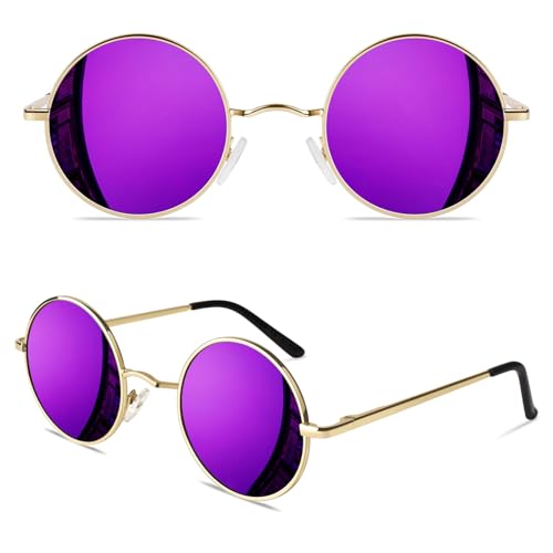 CGID E01 Polarized Sunglasses with Case for Women Men Circle Round Retro Vintage Sun Glasses Circular Shades Gold Metal Rimmed Purple Mirrored Lens Small 45mm Gift Package