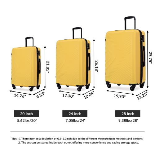 Luggage sets 3 Piece,ABS Hard Shell Suitcase Set with Spinner Wheels,Travel Luggage with TSA Lock,20/24/28inch,Yellow3