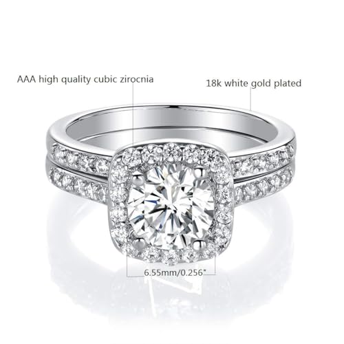 MDFUN 18K White Gold Plated Cubic Zirconia Two-in-One Halo Wedding Engagement Promise Eternity Ring for Women3