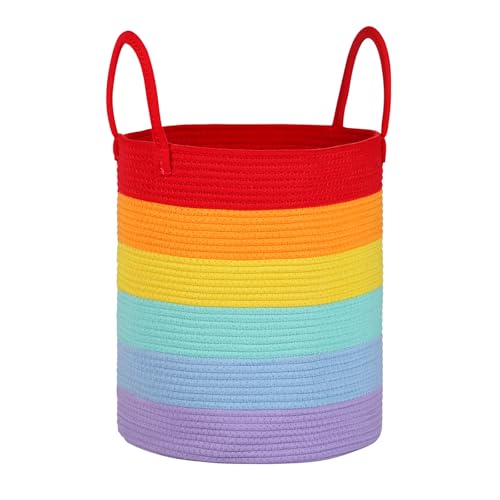 Univivi New Laundry Basket, 40L Foldable Blanket Baskets, Woven Storage Baskets with Sturdy Handle, Large Toy Storage Basket for Kids Baby, Nursery Decor Rope Basket, Rainbow (35x40cm)