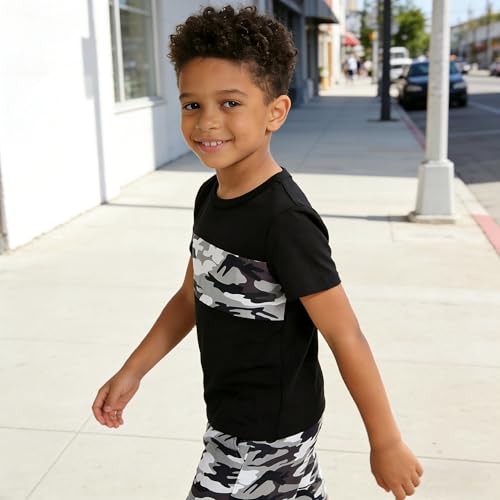 Image of Boys' 2 Piece Summer Outfit Cool Dinosaur & Camouflage Graphic Short Sleeve Tee & Shorts Set Size 4-12