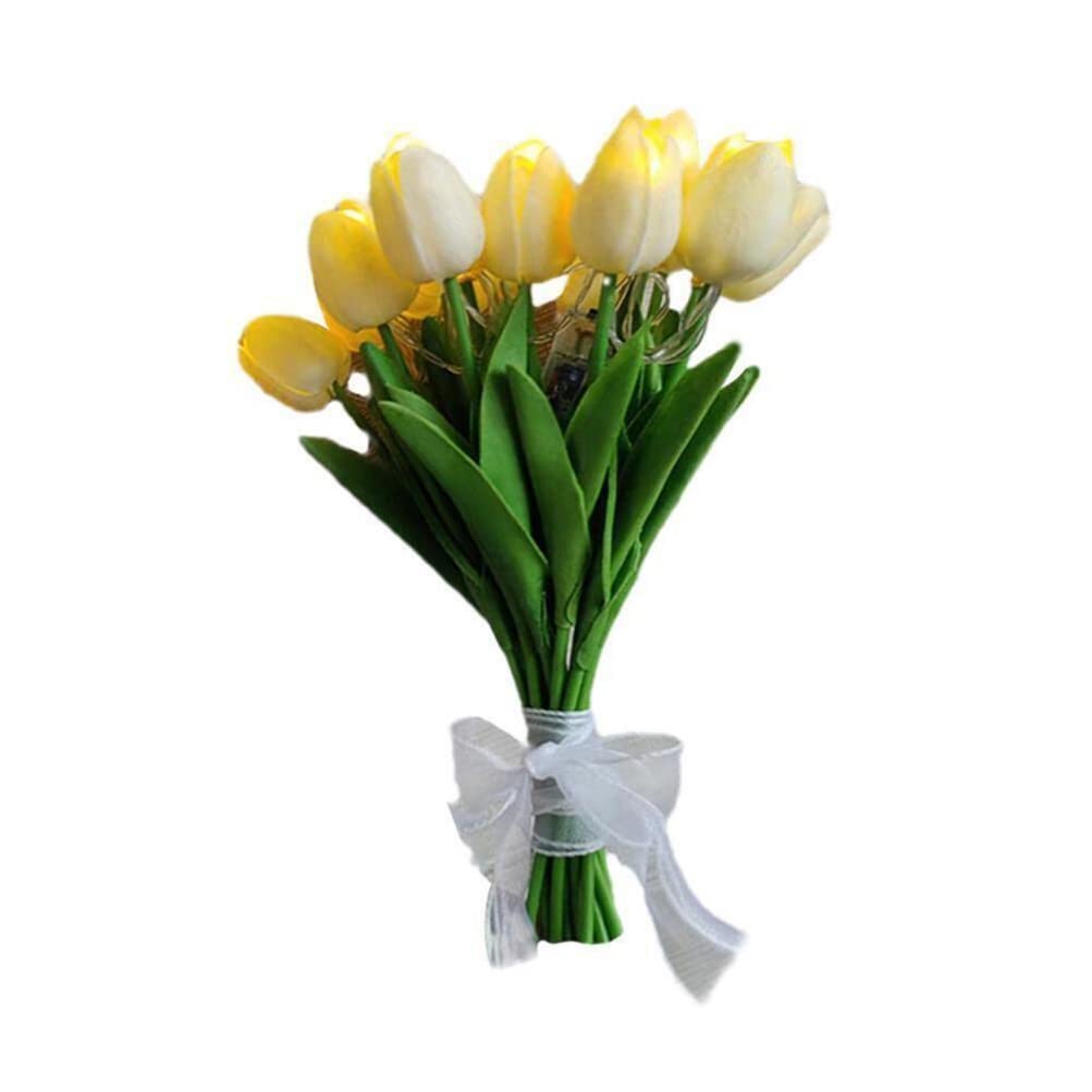 Anso Cream Yellow 15Pcs Led Tulips Table Lamp Bedside Atmosphere Night Light Flower Table Light Decor (Cream Yellow)