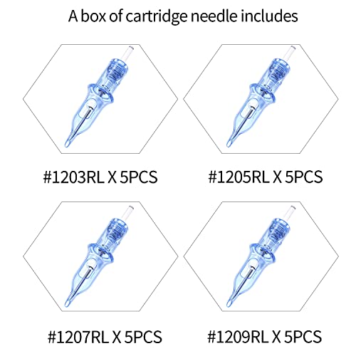 A-Minusone ATCN 20 Pcs Mixed-Pack Tattoo Needles #1203Rl+05Rl+07Rl+09Rl, 5 Pcs Of Each Standard #12 Round Liner Replaceable Tattoo Cartridge Needles For Tattoo Pen thumb #1