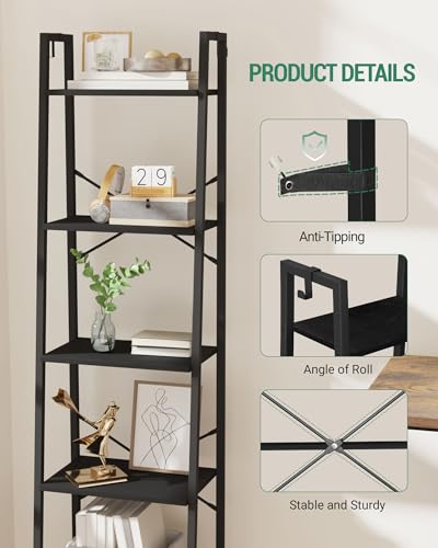 Image of Hzuaneri 5-Tier Ladder Shelf, Bookshelf Bookcase, Freestanding Corner Storage Shelve with 2 Hooks for Home Office, Living Room, Kitchen, Bedroom, Industrial, Black BC19204B