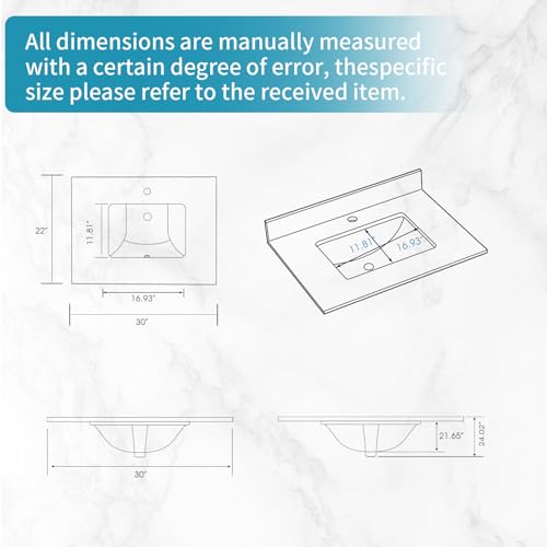 LOCALAND 30 in.W x 22 in.D Bathroom Vanity Sink Top, White Engineered Stone Bathroom Vanity Top with Undermount Middle Sink, Vanity Countertop with Single Faucet Hole and Backsplash