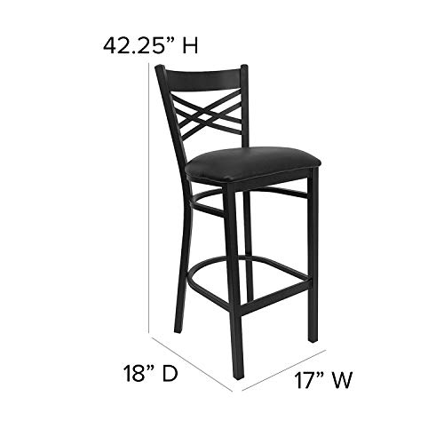 Butaco de bar metálico con respaldo en X, asiento de vinilo negro y estructura de metal negro miniatura 2