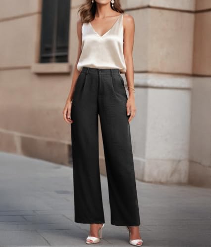 Image of Feiersi Womens Casual Wide Leg Pants High Waisted Button Down Straight Long Trousers Palazzo Pants