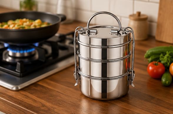 Image of BLeaf Stainless Steel Lunch Box /Tiffin Box for Office, School & Travel | 3 Layer Leak Resistant Food Grade Tiffin Carrier with Handle | Rust Proof & Dishwasher Safe | 650 ML Capacity
