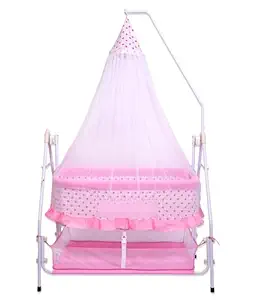 Infanto Comfy Cradle/JHULA/PALNA/Bed/Baby Bedding - Deluxe: Premium Baby Swing with Storage Basket (Pink) Metal