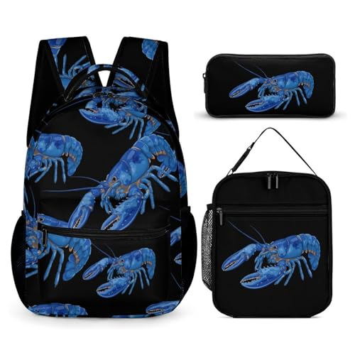 Hand-Drawn Blue Lobsters Travel Backpack Lunch Box Pencil Case 3Pcs Set for Men Women Office Outing University