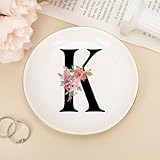 UanMere Initials Mrs Jewelry - Plato para anillos K, soporte para anillo con monograma para llave de collar, inicial negra con letras de flores, despedidas de soltera, regalos de cumpleaños para
