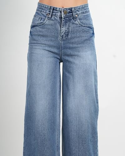 Image of Women's High Waist Wide Leg Jeans, Light Blue Denim, Stretchable Relaxed Fit