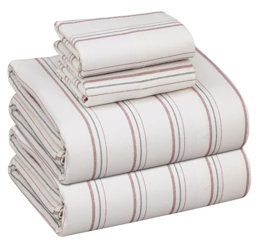 RUVANTI 100% Cotton Flannel Sheets Queen Size, 4 PCs, Twill Stripe