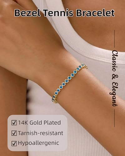 14k Gold Plated 3mm Cubic Zirconia Bezel Tennis Bracelet for Women Dainty Gold Emerald Green CZ Tennis Bracelets Stack for Wedding Bridal Prom Jewelry Size 6.75+1 Inch2