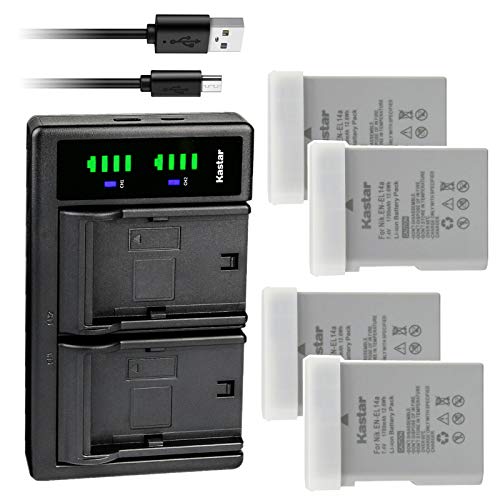 Kastar 4-Pack EN-EL14a Battery and LTD2 USB Charger Replacement for Nikon EN-EL14a, EN-EL14b, EN-EL14 Battery, Nikon MH-24a, MH-24 Charger, Nikon D3500 DSLR, D5100 DSLR, D5200 DSLR Camera