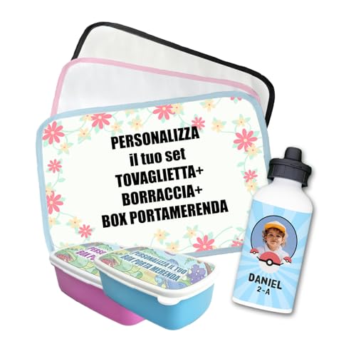 Set Desayuno Bocadillo Niños Escuela - Mantel Individual, Taza de Plástico, Botella, Lonchera, Mochila Todo Personalizable (Mantel Individual + Botella + Caja Puerta Bocadillo)