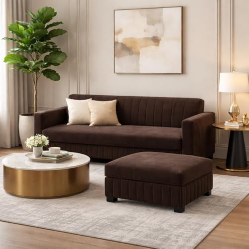 Image of FURNY Almora 4 Seater L Shape Sofa Set with Movable Ottoman | Flexible Left or Right Layout | Plush Velvet Fabric (Dark Brown) | Perfect for Living Room, Guest Room & Office