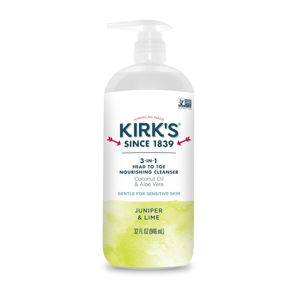 Kirk's 3-in-1 Head to Toe Nourishing Liquid Cleanser- for Men, Women & Children - Premium Coconut Oil & Aloe Vera- Non GMO & Vegan -Juniper & Lime -