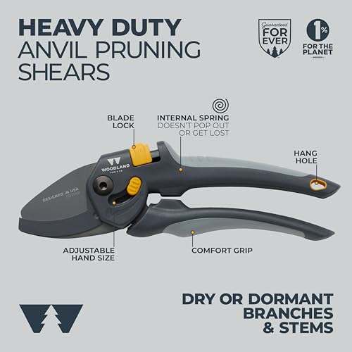 Image of Woodland Tools Co. Heavy Duty Anvil Pruning Shears - 5 /8 inch Cut Capacity, High Carbon Steel Blade, Internal Spring, Adjustable Grip Slider, Garden Pruner for Dry Branches, Stems, and Dead Growth