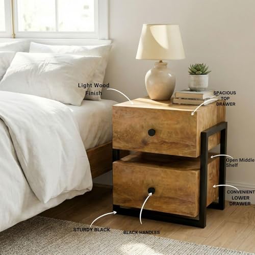 Image of FFO Side Tables for Bedroom with Drawers | Bedside Table | Bed Side Table for Bedroom with Drawer, Wooden Drawer with Open Shelf, Modern Side Table for Bed Room, White & Brown Finish (DIY).