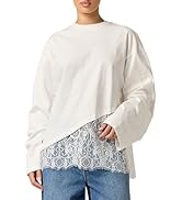 GTLIAE Womens Lace Trim Long Sleeve Shirts Casual Ribbed Crew Neck Tee Relaxed Trendy Asymmetric ...