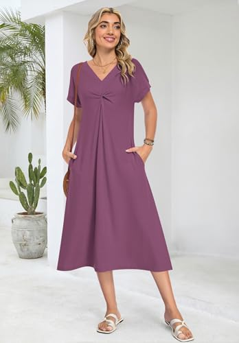 WNEEDU Women Summer Midi Dress Twist Front V Neck Short Sleeve Loose Casual Pockets,Mauve,L — view 2