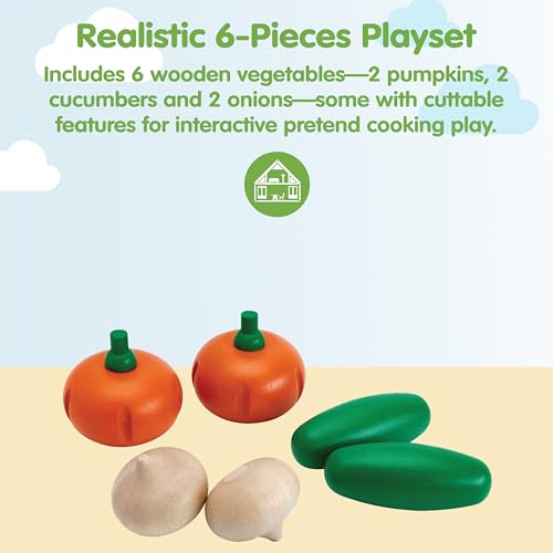 Image of PlanToys Wooden Fresh Produce Cucumbers, Onions & Pumpkins Sliceable Kids | slicing, knife, fruits and vegetables toys, pretend food, girls, boys, fine motor role play, imaginative social gift set