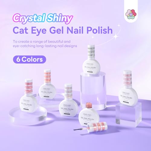 Image of SAVILAND Color Artistry Cat Eye Gel Nail Polish 6 Colors: Crystal Shiny Gel Nail Polish Shimmer Glitter Rainbow Magnetic Glitter Cat Eye with Magnet Stick Soak Off U V Lamp Manicure Nail Art
