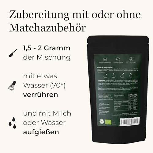 Bio Daily Green Matcha+, Matcha-Mix mit Spirulina, Chlorella, Weizengras, Gerstengras und 60 % Bio Premium Matcha aus Japan, 80g