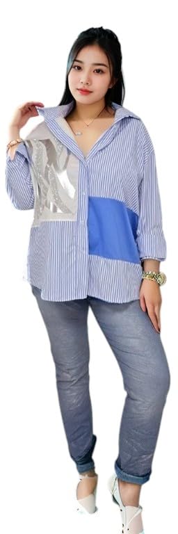 Blusa para mujer, con botones, para salir, manga larga, a rayas, retazos, Italia