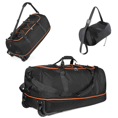 Vomgomfom 32“ Soft-Sided Zusammenklappbar Reisetasche auf Rädern, 110L erweiterbar 140L Rollende Sporttasche mit Passender Aufbewahrungstasche, Zwart-Oranje