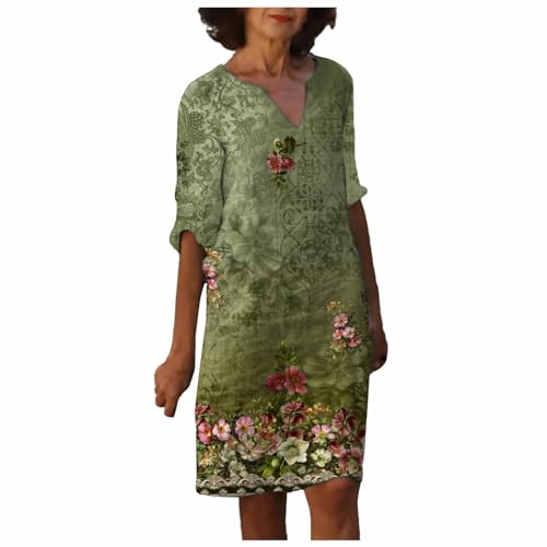 Vestido de lino para mujer, de verano, vintage, de lino, línea A, vestido de lino, vestido informal con plumas, largo hasta la rodilla, cuello en V, manga 3/4, vestido de verano, vestido de madre