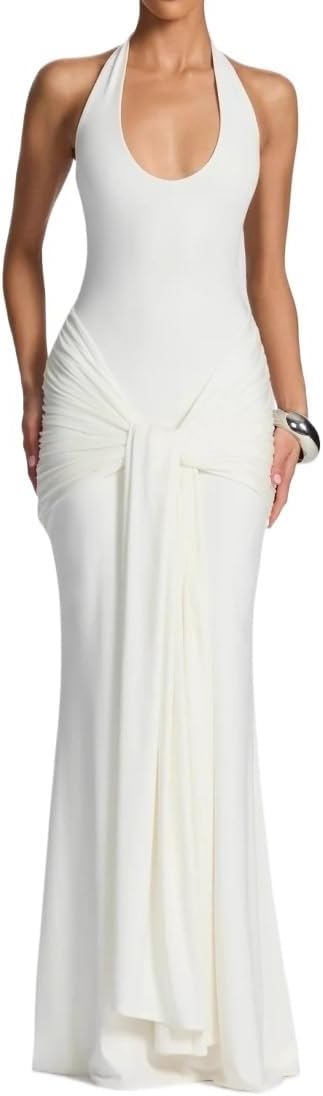 2025 Women's Ribbon Splicing Strap Long Skirt Slimming Bag Hip Hanging Neck Dress Dress