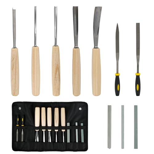 10 Stück Hohlbeitel Stechbeitel Meißel Set, Stechbeitelsatz Holzschnitzerei Hand Meißel Werkzeug Holzbearbeitung Meißel Set Schleifsteine Beutel für Anfänger und Profis