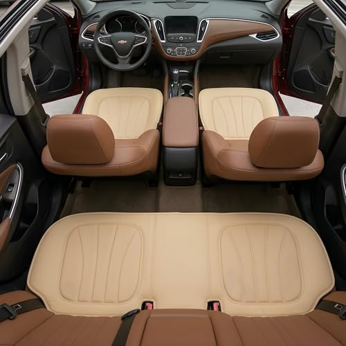 Image of Padded Car Seat Covers Full Set with Storage Organizer, Anti Slip Car Seat Cushions Protector Mat Set, Breathable Leather Pillow Cover for Cars, Accessories for Driver, Passenger & Rear Seats (Beige)