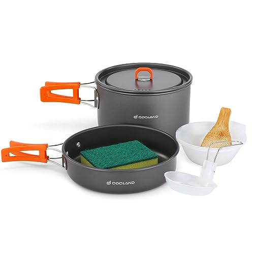 Odoland Camping Cookware Set Non-Stick Lightweight Camping Pots and Pans Mess Kit with Bowls Soup Spoon for Camping, Backpacking, Outdoor Cooking and Picnic for 2-3 People
