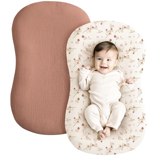 Image of Konssy Muslin Baby Lounger Cover 2 Pack, 100% Cotton Newborn Lounger Cover, Soft and Breathable Baby Nest Slipcover for Boys Girls (Chestnut, Posy)
